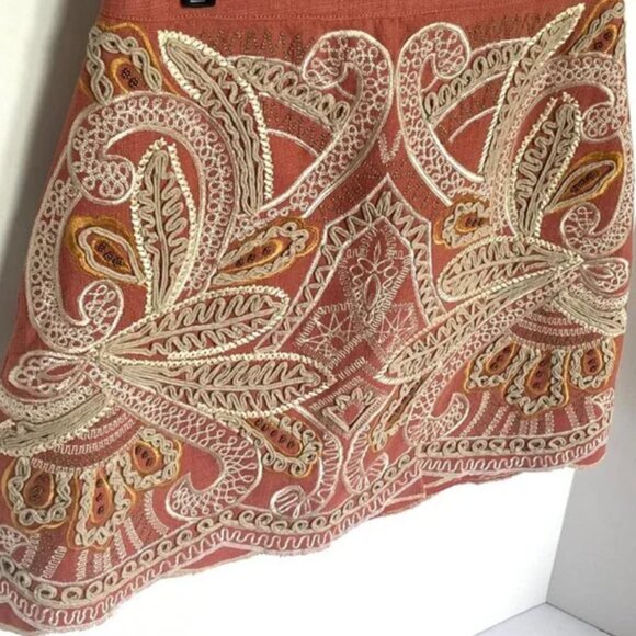 Anthropologie Beaded Mini Skirt 4 Pink Cotton Embroidered Boho Scallop Hem - Picture 4 of 10